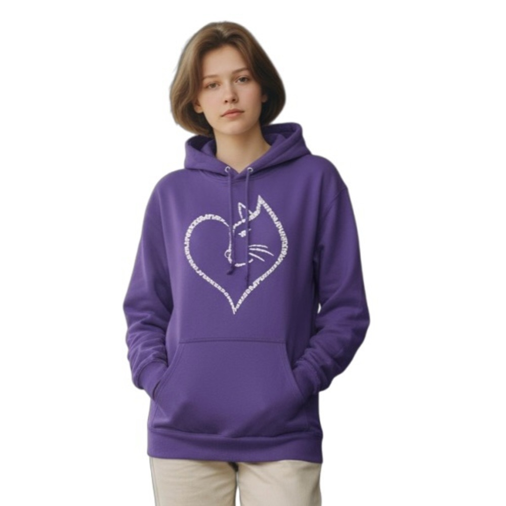 LA Pop Art Cat Heart Word Art Hooded Sweatshirt Color Purple, Size Medium